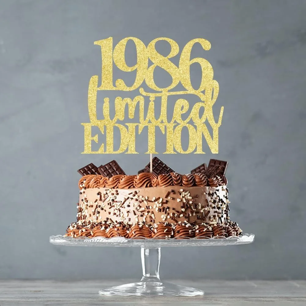 1 Stück 1986 Tortenaufsatz, Prost bis 40 Jahre, goldfarbenes Glitzer-Jubiläumsdekor für Männer und Frauen, handgefertigt – Detail 3