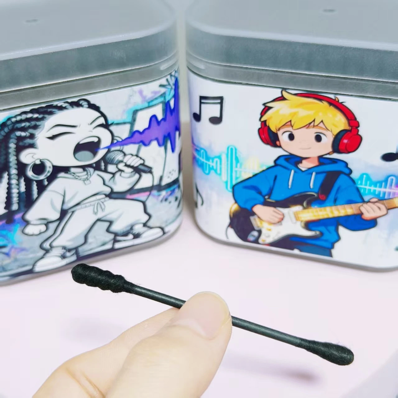 400 Stück (2 Kartons) Musik-Wattestäbchen mit Muster für Jungen und Mädchen, schwarz, doppelköpfiger Wattebausch, Geschenk-Wattestäbchen