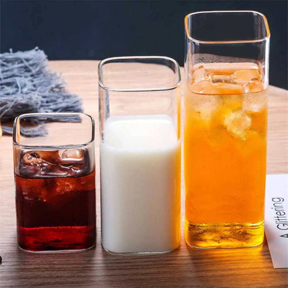 250/350/450ml Square Glass Cup Coffee Mug Heat-Resistant Water Cups Transparent Tea Cup for Drinking Milk Wine Juice Dessert