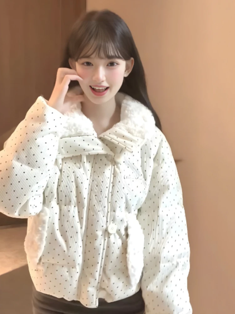 

Sweet Polka Dot Parkas Women Winter Loose Casual Thicken Button Patchwork Puffy Coats Korean Fashion Fur Collar Female Outwear