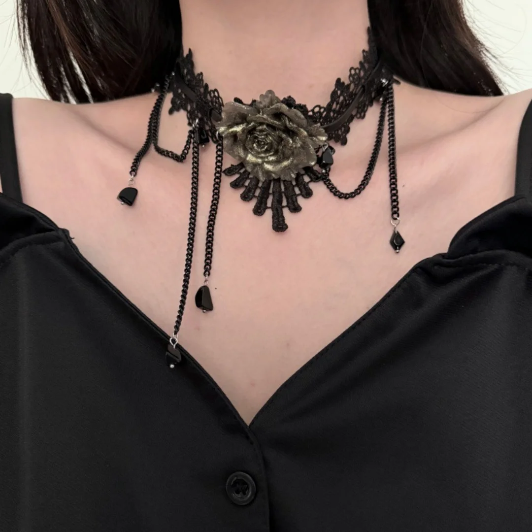 

DUTRIEUX Punk Gothic Black Lace Rose Lockbone Chain Necklace Women Girl Crystal Tassel Sexy Choker Dark Loli Jewelry Accessory