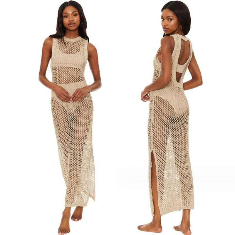 

Women Sexy Crochet Bikini Cover-ups Beach Dress Sheer Long Cover Up Knitted Tunic Female Swimsuit Sarong Swimwear Bodycon Dress