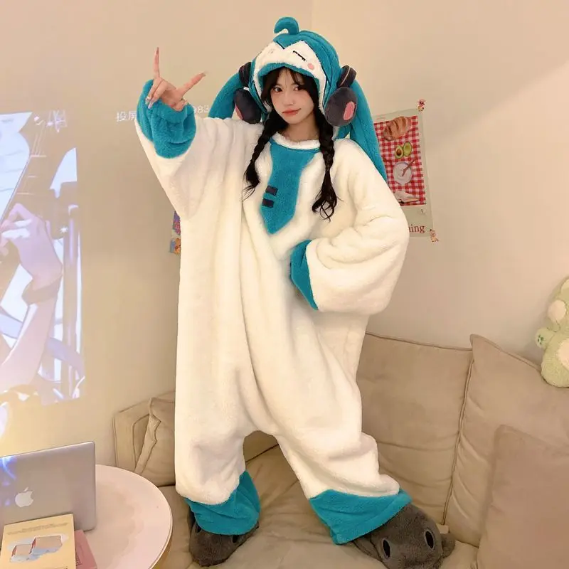 Pajamas Thick Flannel Fleece Hooded Jumpsuit Naruto Luffy Miku Cute Sleepwear Warm Winter Loungewear Costume with Matching Shoes