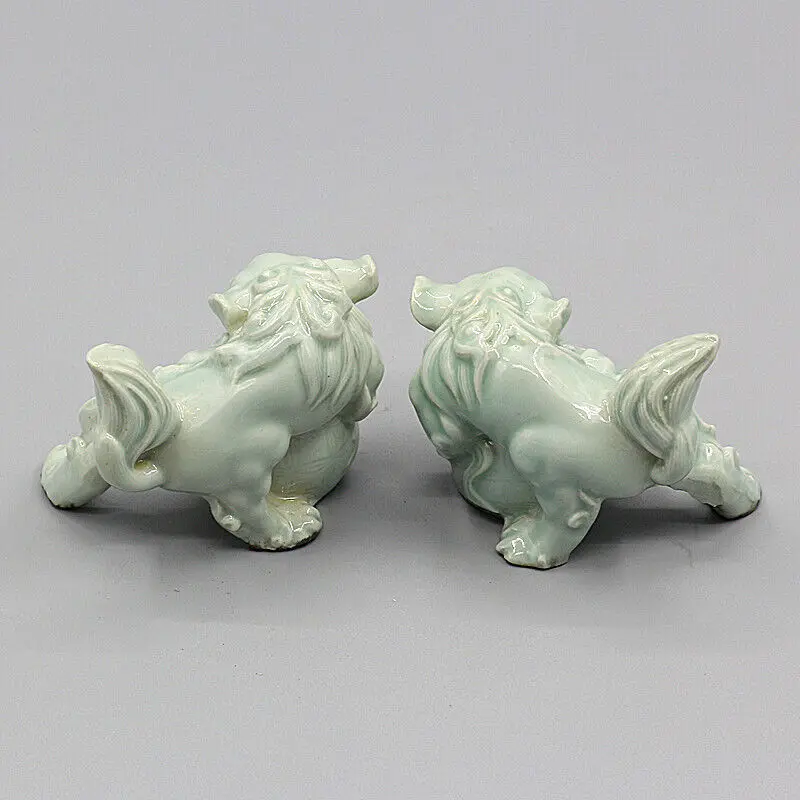 Chinese Song Hutian Kiln Celadon Porcelain - 3.54 Inch Foo Fu Dog Lion Statue for Decorative Display Collectible Gift