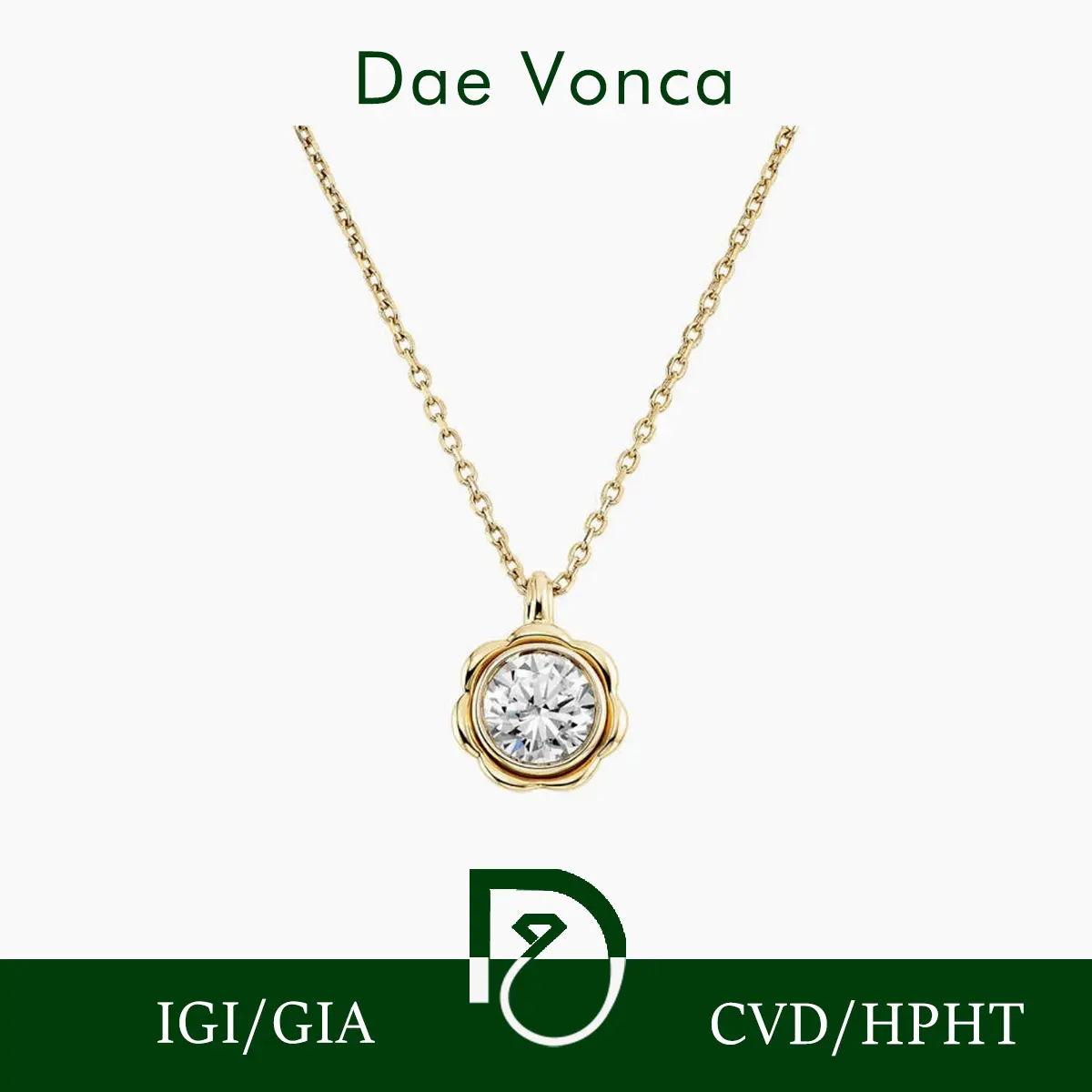 Bezel Set Solitaire Diamond Necklace 9K/14K/18K Yellow Gold Round Cut Lab Grown Diamond IGI Certificate Flower Pendant Charm