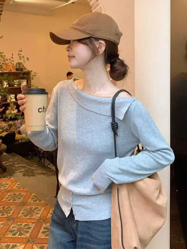 

Ele Long Sve, вязаный топ с олечами, женская модная повседневная одежда, весна-осень 2023, новинка Sle, удобный трикотаж