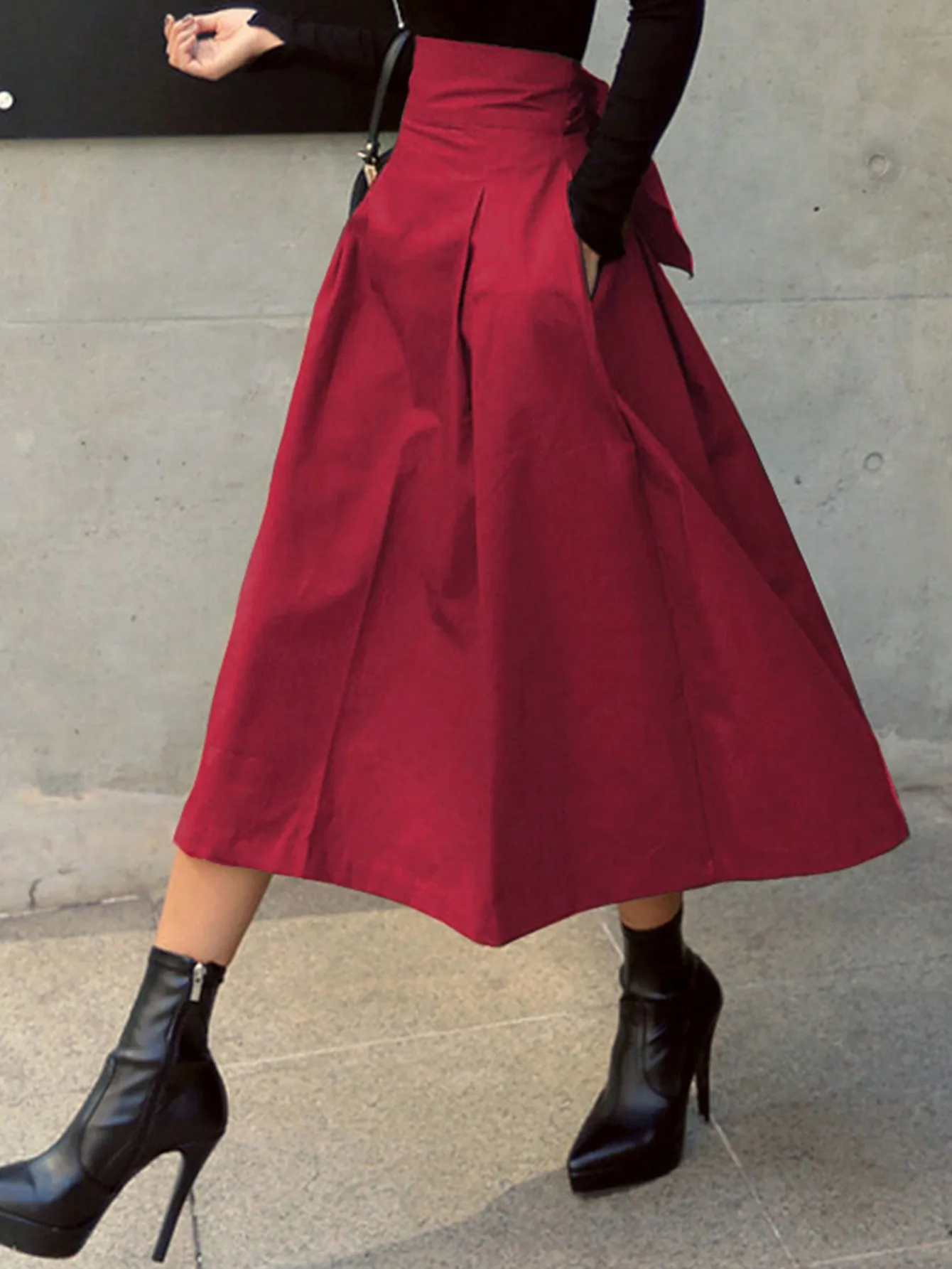 تنانير أنيقة على شكل حرف a للنساء على طراز المدرسة Preppy تنورة طويلة بخصر عالي المرونة مع فيونكة ملابس نسائية تنانير نسائية