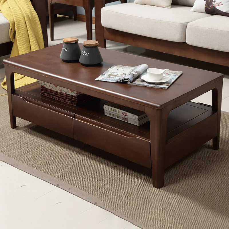 Modern Minimalist Nordic Style Solid Wood Drawer Coffee Table Rectangular Living Room Storage Table Log Tea Table Tea Drinking S