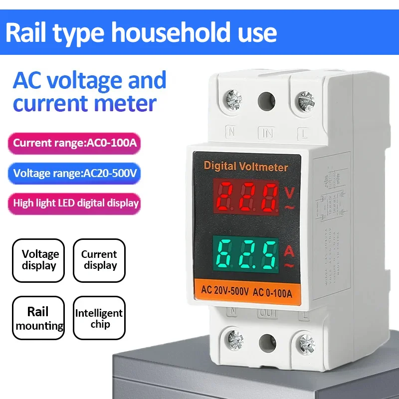 LCD Dual Digital Din Rail Power Meter AC Voltmeter Ammeter Energy Meter AC60-500V AC0-99.9A Volt Amp Monitor Electricity Meter