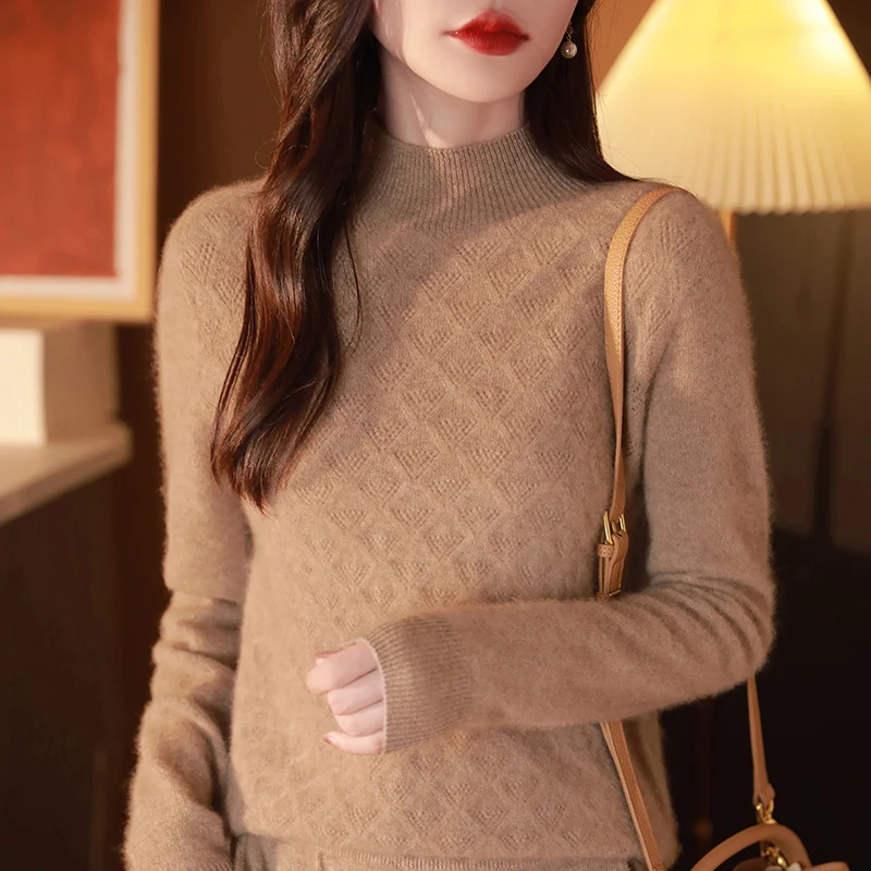 

Fashion Basic 100% Merino Wool Women Solid Color Mock Neck Long Sleeves Sweater Pullover Cashmere Soft Gentle Warm Clothing Top