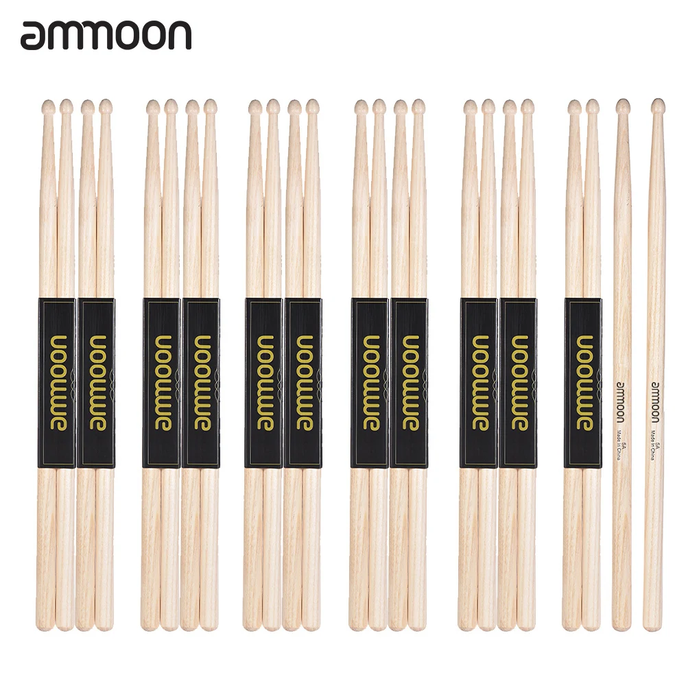 ammoon 3 /12 Pairs of 5A Wooden Drumsticks Drum Sticks Fraxinus Mandshurica Wood Drum Set Drum Percussion Instrument Accessories