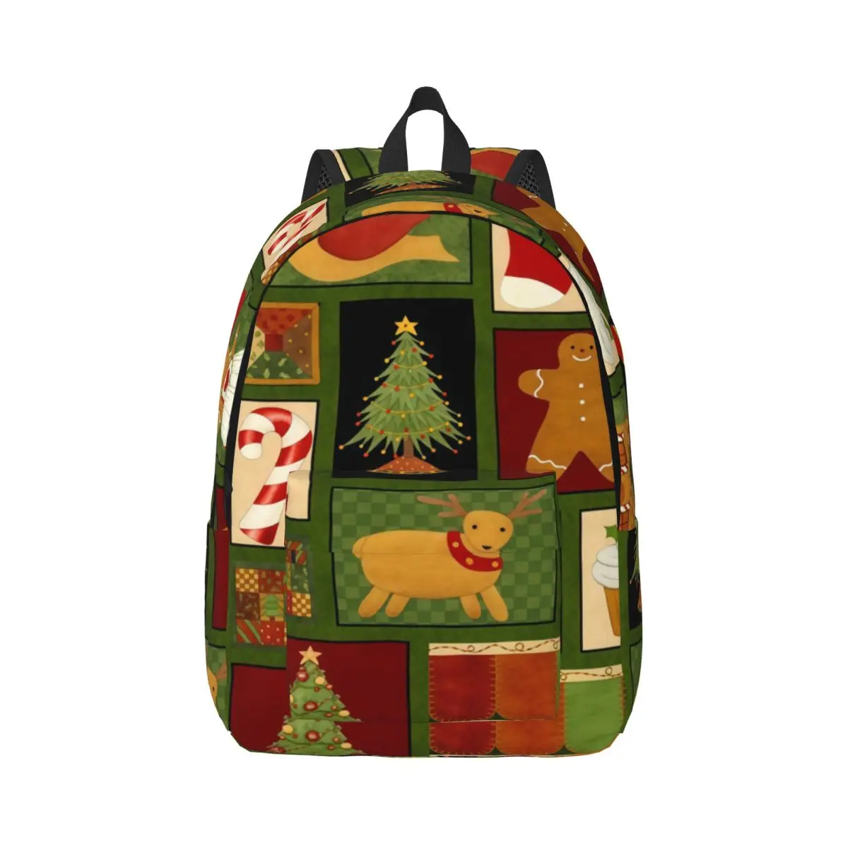 School Backpack Santa Snow Student Backpack Grid Christmas Motifs Patchwork Primitive Folk Christmas Winter Daypack for School