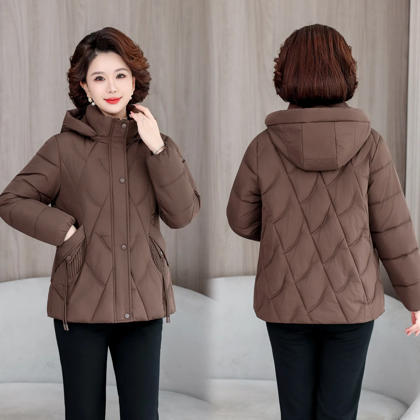 

Short Parkas Coat Women Solid Jacket Detachable Hooded Zipper Pocket Long Sleeve Loose Fit Casual Office Lady 2025 Autumn Winter