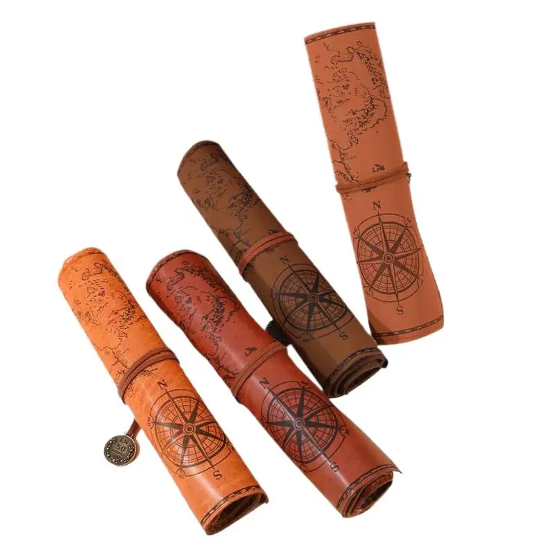 1PC Vintage Treasure Map Roll Up Pencil Case Large Capacity Leather Embossed Buckle Pen Bag Retro Stationery Organizer
