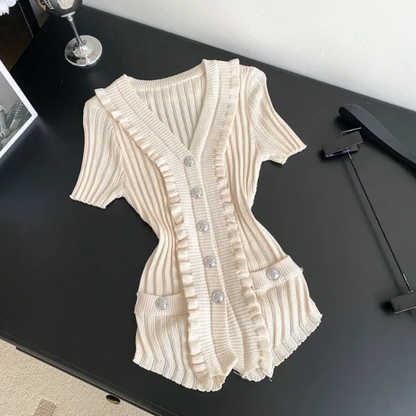 

Вязаный топ, женская уличная одежда, новинка лета 2025 года, V-nek Design, шикарная женская высококачественная футболка с короткими рукавами и верхом тела