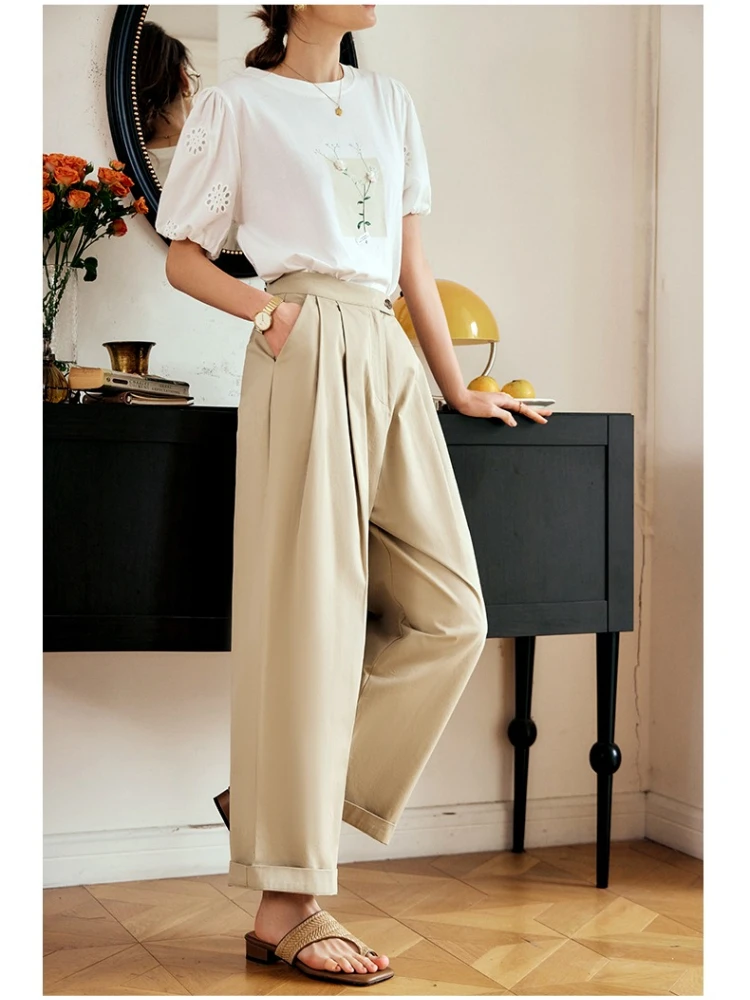 OLrain الصيف الكاكي سراويل تقليدية للنساء 2025 موضة فضفاضة عالية الخصر السراويل 100% القطن ركاب سراويلي حريمي O24XK82656 #5