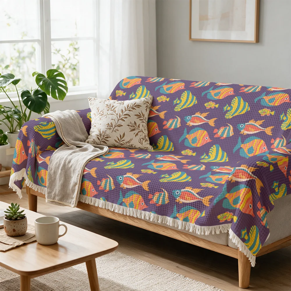 Decorative Coastal Tropical Fish Print Throw Blanket Ocean Nautical Sofa Cover Seating Throw for Living Room Furniture Decor Acc