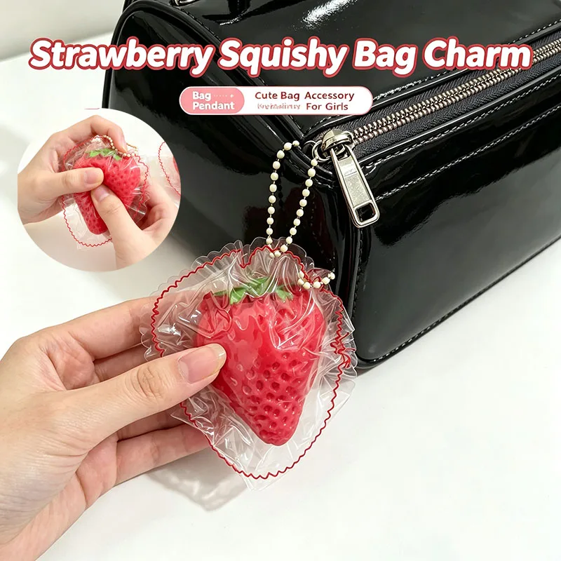 Cute Strawberry Squishy Pendant Toy Bag Charm Super Soft Slow Rising Squeeze Keychain Portable Stress Relief Fidget Gift Girls