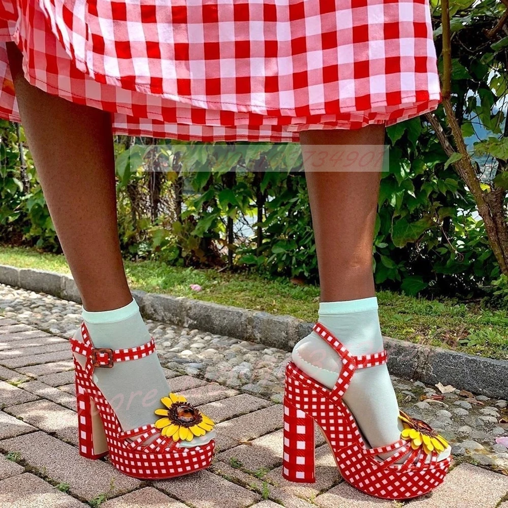 Sunflower Platform Red Checkered Sandals Women Ankle Strap Round Toe Block High Heels Shoes Sweet Girl Y2K Party Gingham Sandals