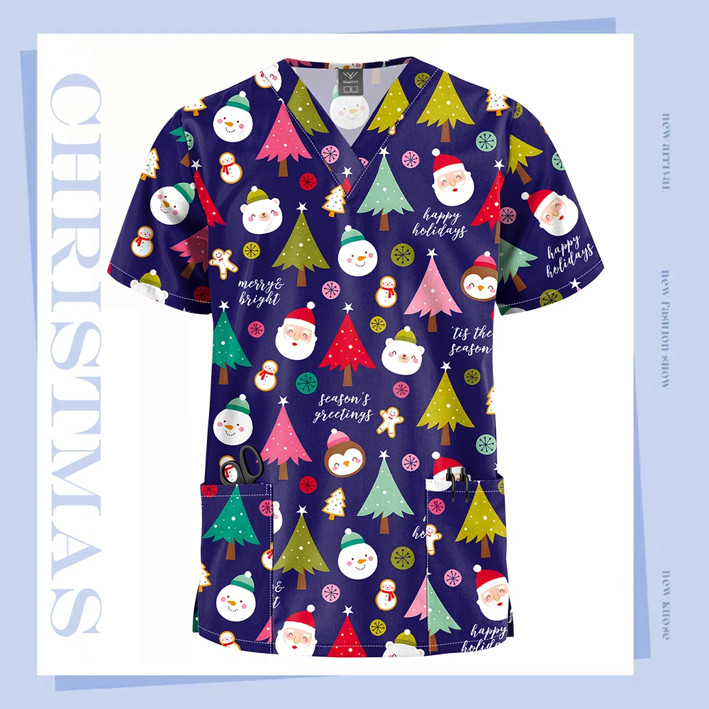 New Christmas Printing Medical Uniform Stretch V-Neck Pockets Surgical Uniforms Woman Men Dental Doctor Uniform Short-Sleeve Top