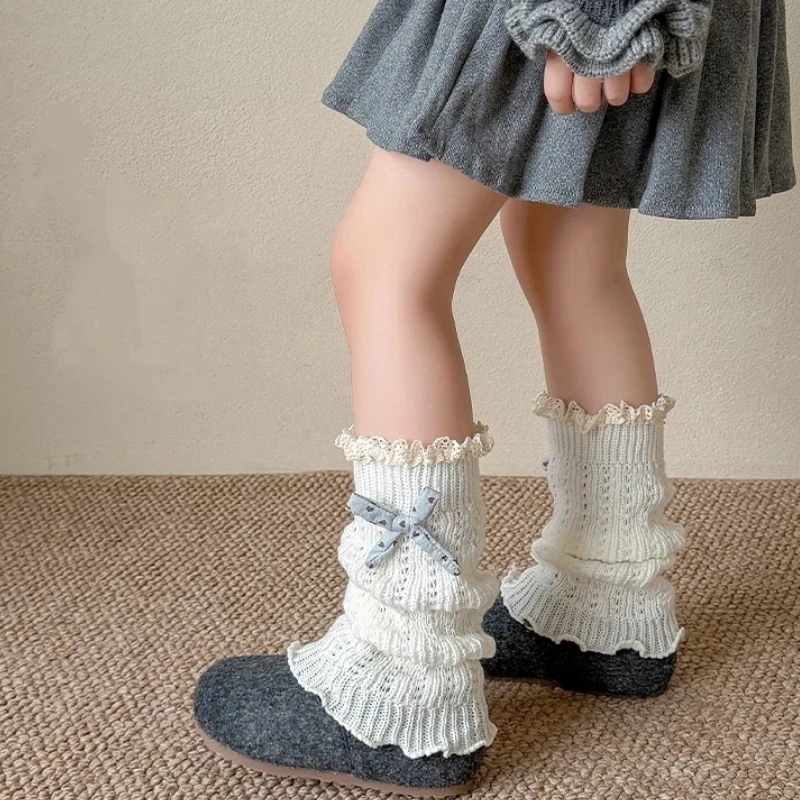 Little Girls Knitted Thickened Leg Warmers Cute Princess Style Fabric Heart Bow Ornament Lace Trim Soft Stretchy Calf Leg Covers