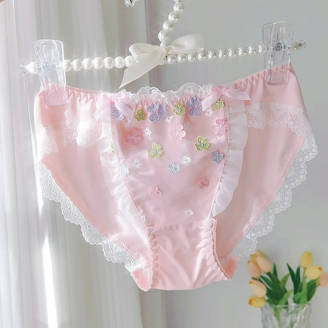 Sweet Flowers Japanese Cute Girl Low Waist Underwear Bow Embroidered Lace Edge Triangle Panties Lolita Fresh Panties