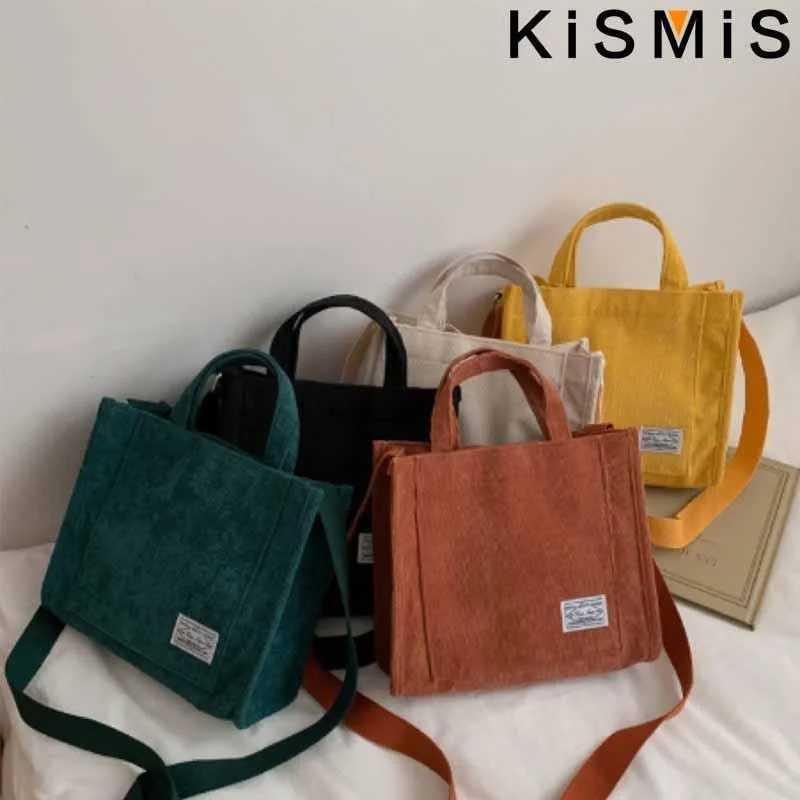 KISMIS ใหม่ผู้หญิงวินเทจ Corduroy ซิปไหล่กระเป๋าผ้าใบผ้าฝ้ายขนาดเล็กกระเป๋าถือ Casual Tote กระเป๋า Crossbody กระเป๋า Messenger