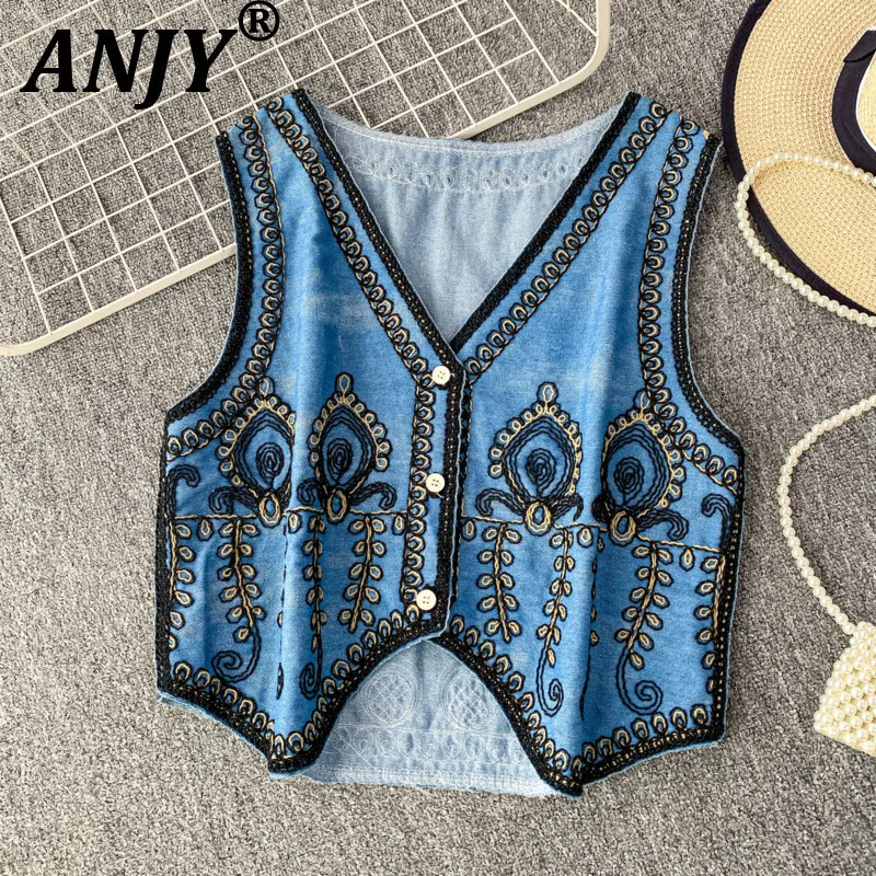 

ANJY New Women Waistcoat Woven Embroidered V-Neck Single Breasted Contrast Color Vintage High Street Ins Short Denim Tops A10164