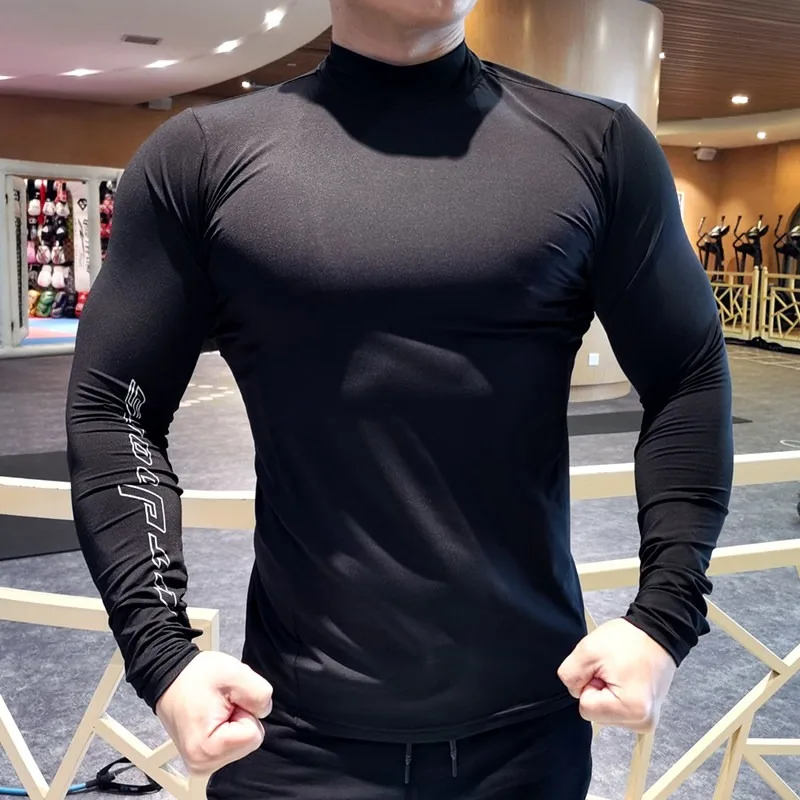 Gym Fitness Clothing Men Quick-drying Long-sleeved High-neck Tight-fitting Shirt Stretch Running Thumb-fastening Training Autumn