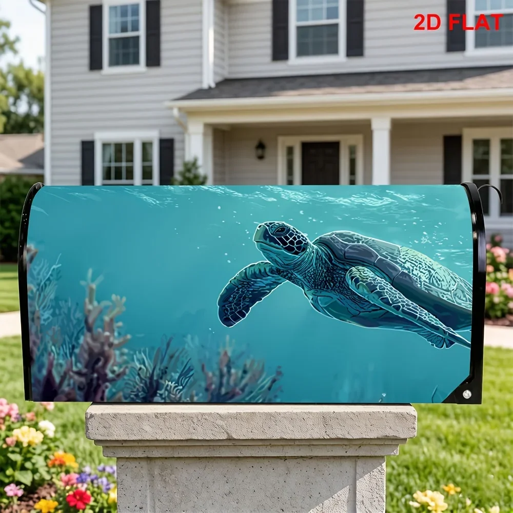 1pc Sea turtle mailbox cover with underwater coral reef design, suitable for outdoor mailbox decoration for yards and gardens.