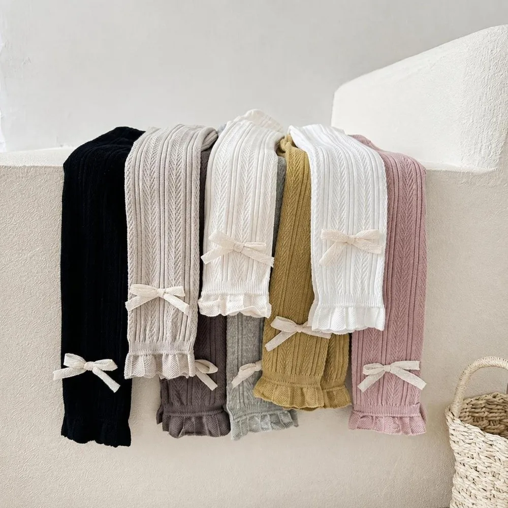 Stylish Cotton Girls Outerwear Leggings Bow-decor Cable-knit Children Knit Pants Stretchy Mid-Thick Toddler Tights 1-6 Year Old view 4