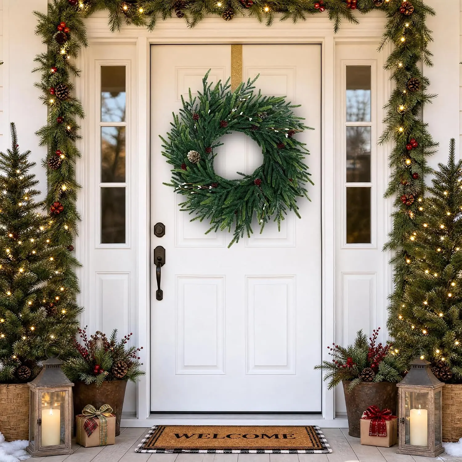 24 Inch Mixed Pine Artificial Christmas Wreath with LEDs and Timer 20 Lights 8 Lighting Modes Cypress and Pine Cones Battery Operated Pre Lit Xmas Decor for Front Door Wall and Fireplace 6