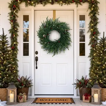 24 Inch Mixed Pine Artificial Christmas Wreath with LEDs and Timer 20 Lights 8 Lighting Modes Cypress and Pine Cones Battery Operated Pre Lit Xmas Decor for Front Door Wall and Fireplace 6