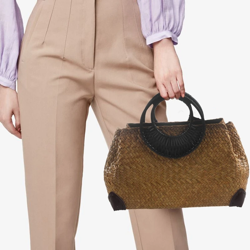 Women Straw Bags Female Bamboo Summer Beach Weave Handbag Lady Handmade Vintage Wood Handle Bag Travel Knitted Totes Bags