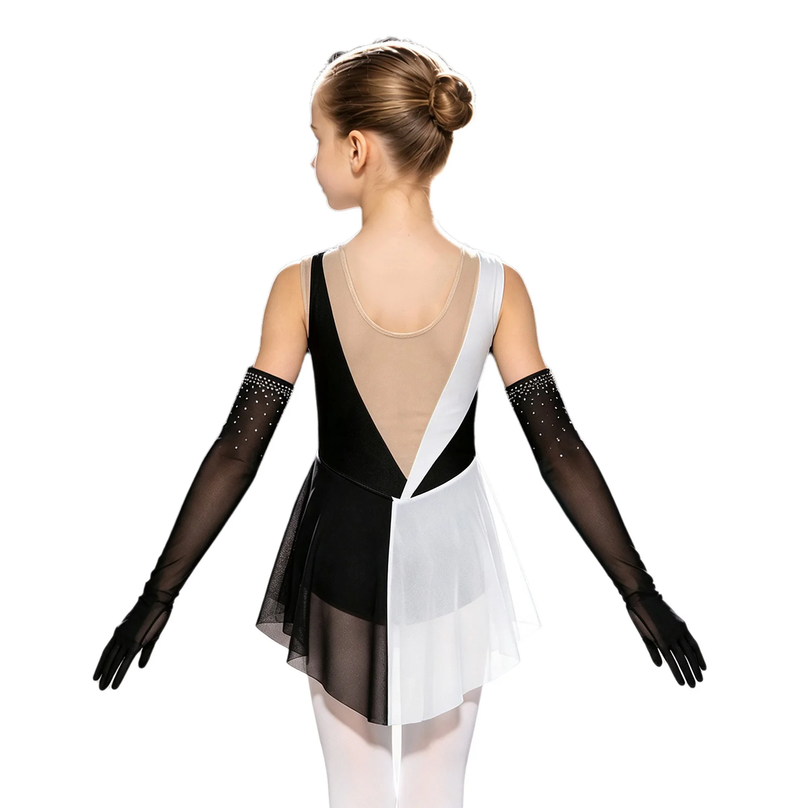 Kids Girls Latin Lyrical Dance Dress Outfit Figure Skating Costume Sleeveless Mesh Patchwork Shiny Rhinestone Leotard + Gloves