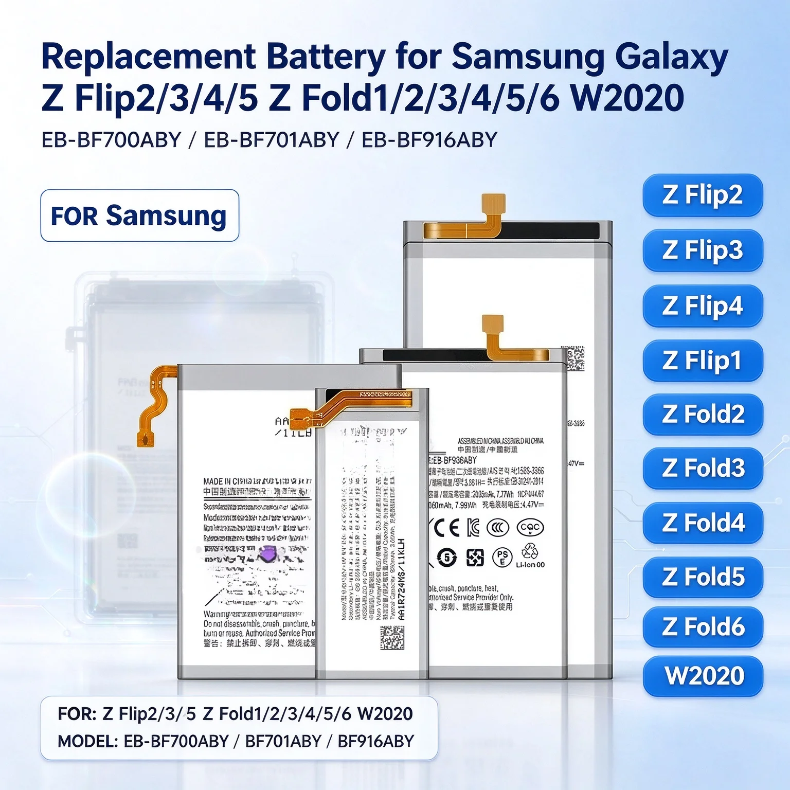 Replacement Battery For Sam sung Galaxy Z Flip2/3/4/5 Z Fold1/2/3/4/5/6 W2020 with Repair Tools/EB-BF700ABY/BF701ABY/BF916ABY