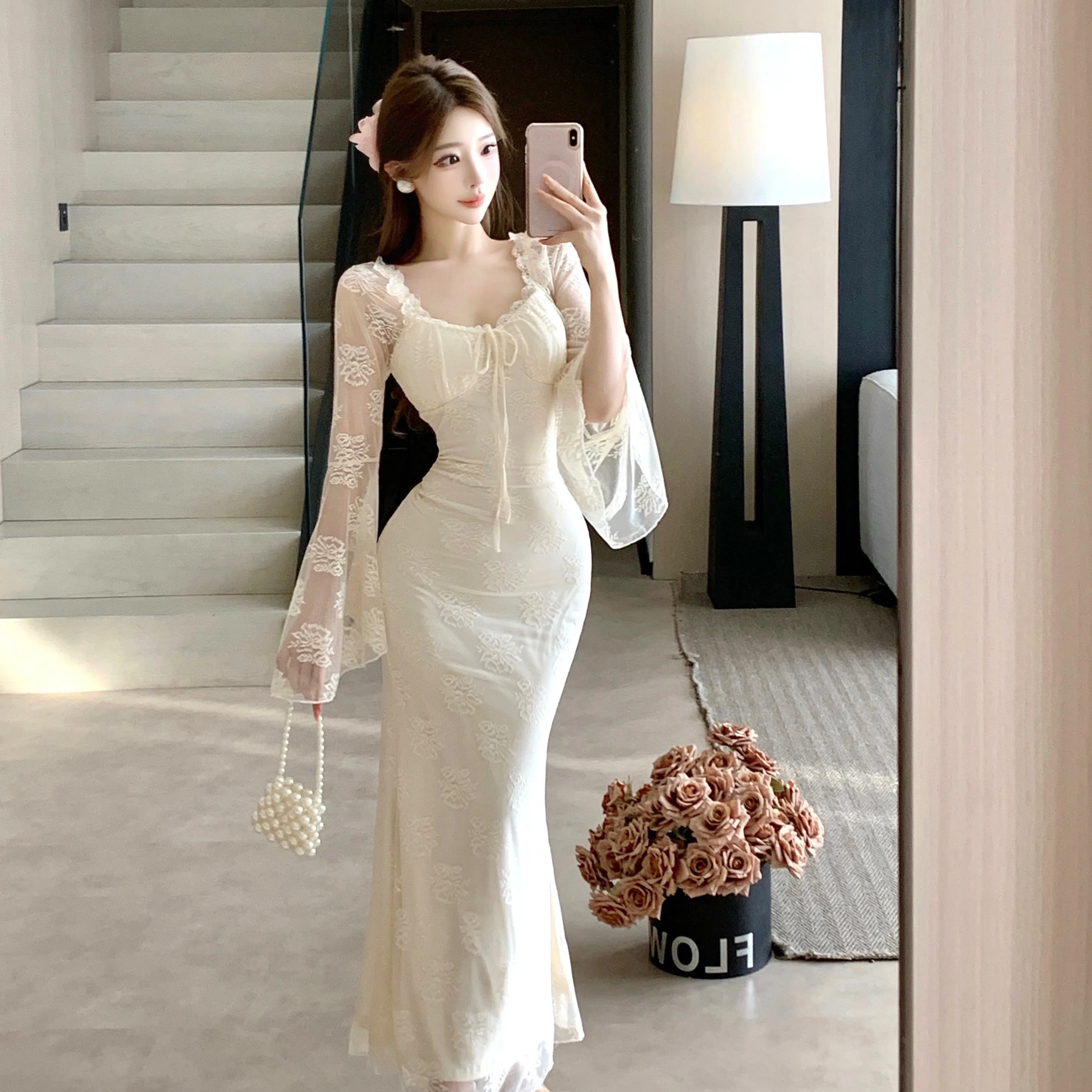 Ele White Lace Bell Sve Dr Ladylike Autumn Winter High Faion Sensation Super Fairy T Long Dr للنساء #1