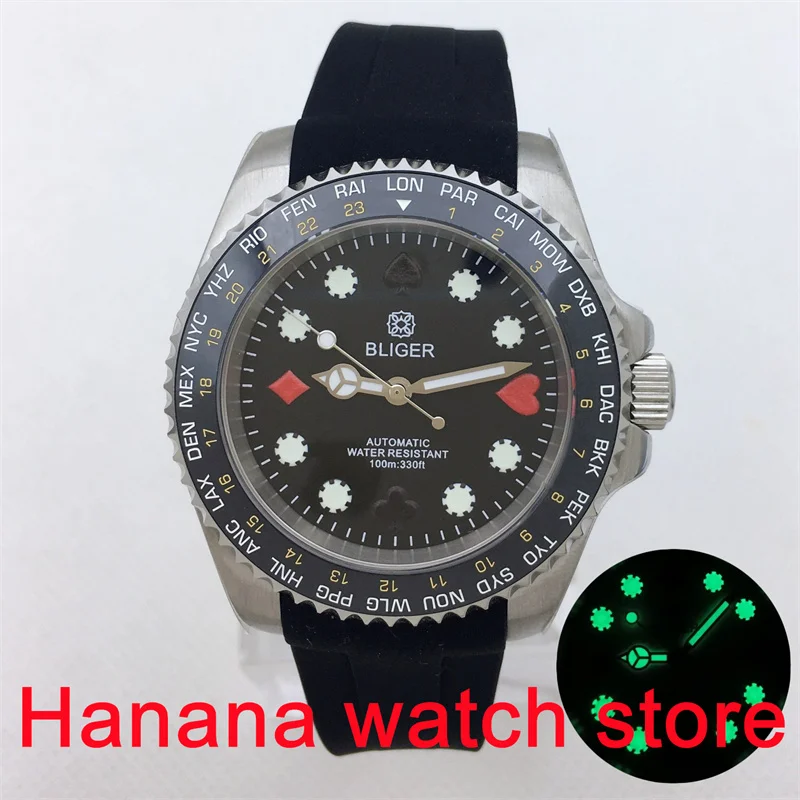 Orologio subacqueo da uomo 40mm movimento nh35 lunetta in ceramica quadrante verde con motivo poker cinturino in caucciù luminoso verde vetro zaffiro