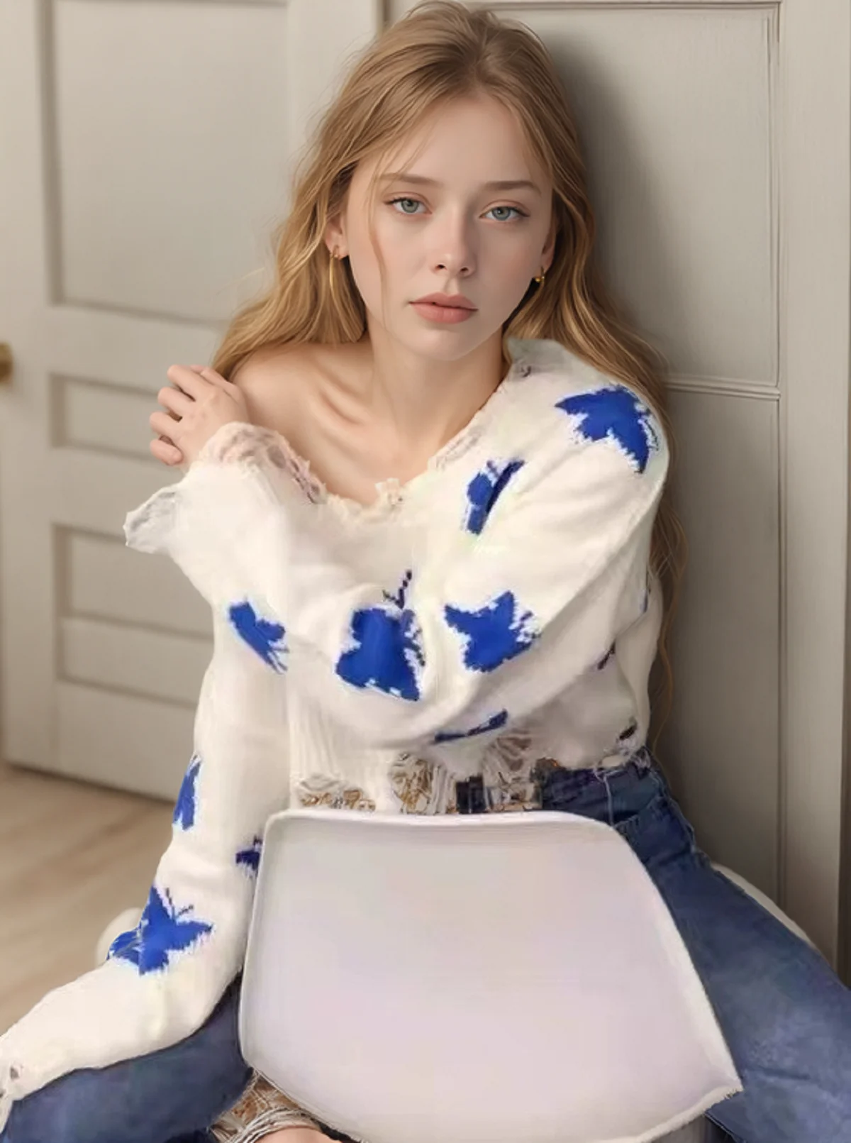 Women Sweater Summer Spring Loose Casual Korean Fashion Butterfly Knit Tee Sweet Cropped Off Shoulder Long Sleeve Top Clothing