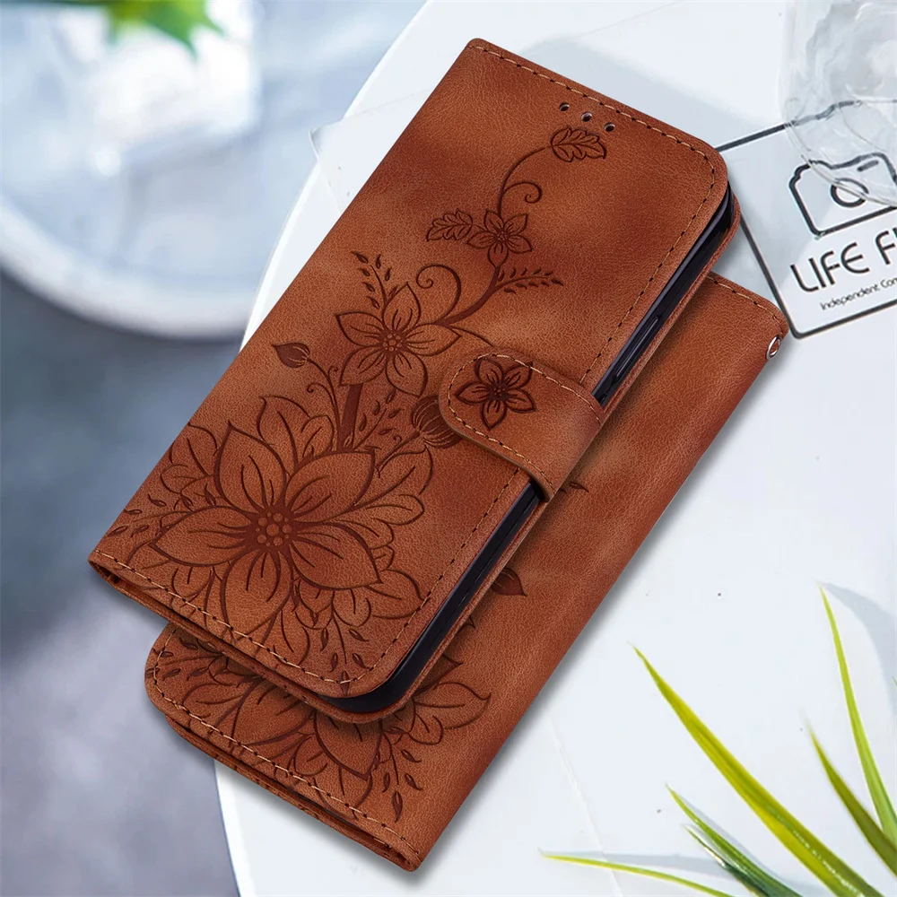 lily Flower Emboss Case For Samsung Galaxy A54 A34 A14 A24 A73 A53 A33 A23 A13 Magnet Card Slot Leather Flip Book Case Cover