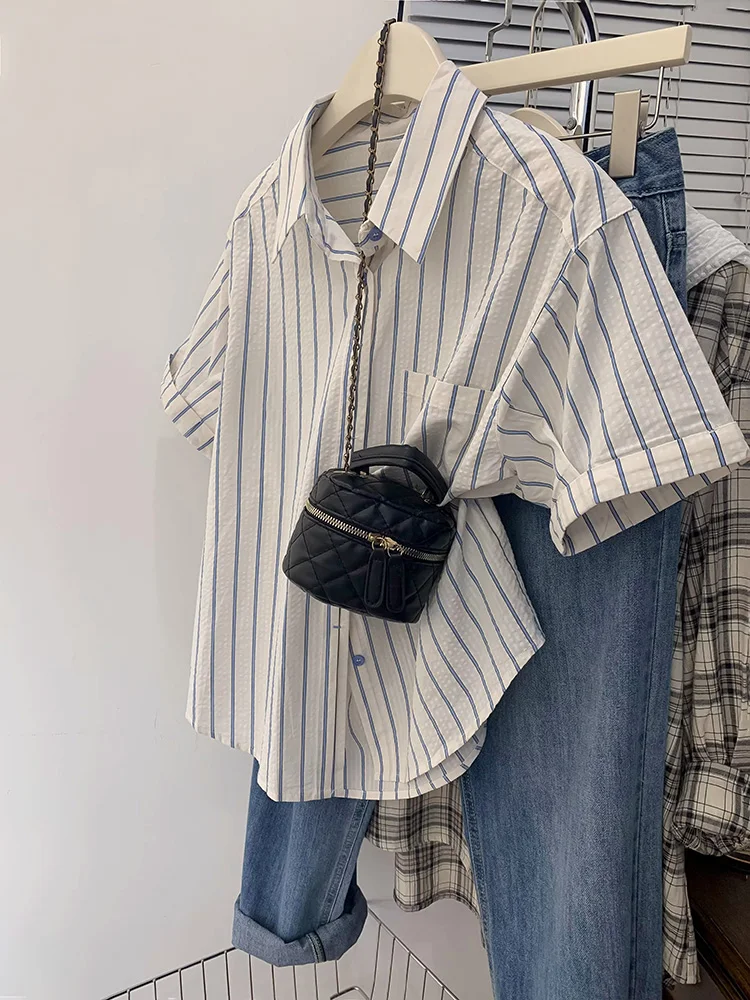 

Fashion Casual Striped Shirts Summer 2024 New Short Sleeve Loose Simple Blouses Button Pockets Turn-down Collar Tops