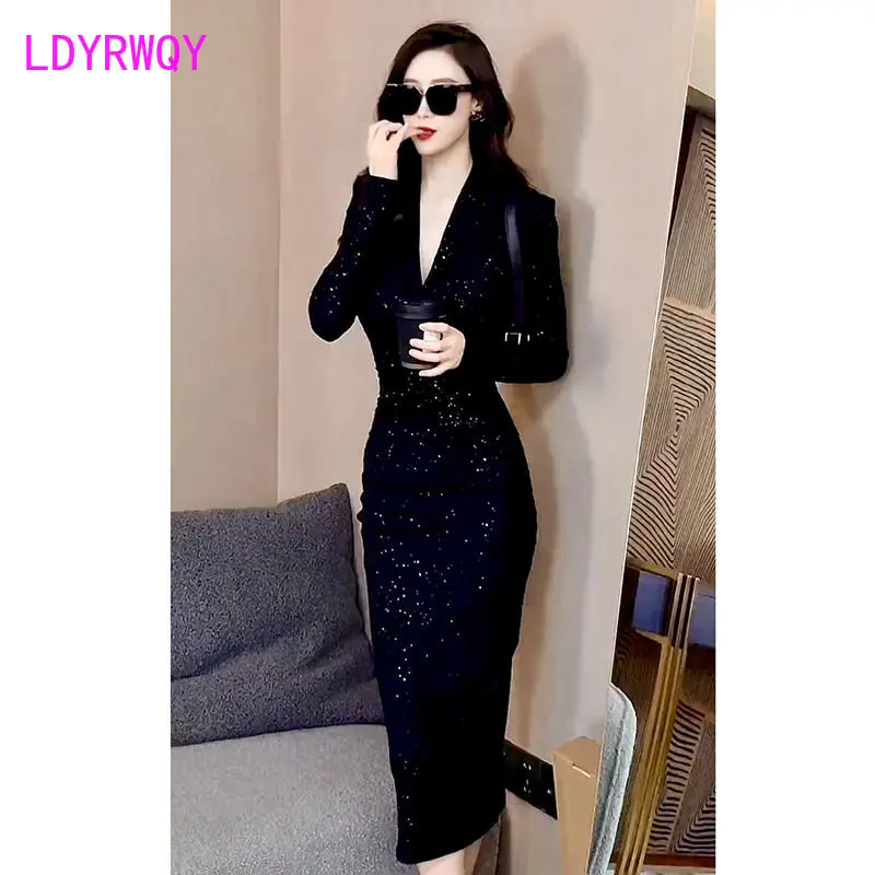 Autumn Dress Women's Long Sleeves New Slim Fit Hip Bag Polyester  Knee-Length