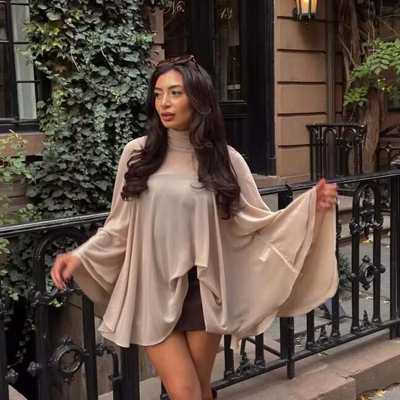 YENKYE New Fashion High Neck Cape Top For Elegant Women Asymmetrical Hem Loose Chiffon Blouse