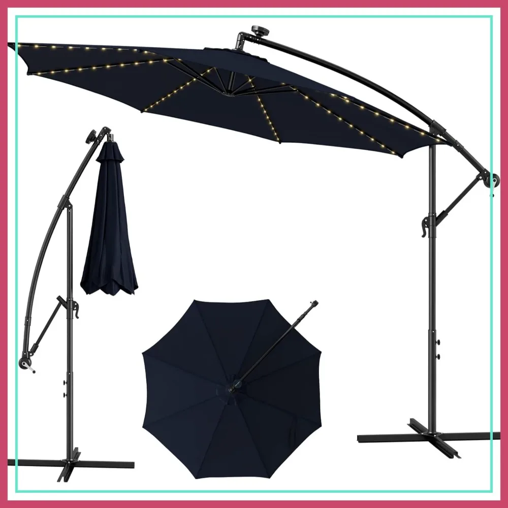 

10 ft Offset Patio Umbrella with 112 Solar Meteor Shower Lights, Outdoor Cantilever Umbrella, Easy Tilt Adjustment