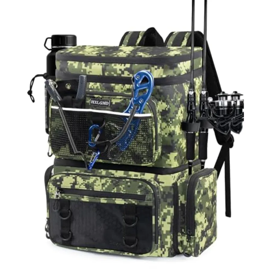 Mochila de Pesca con Portacañas, Doble Capa, Gran Capacidad, Resistente al Agua, Bolsa para Aparejos con Compartimento Refrigerante, Verde