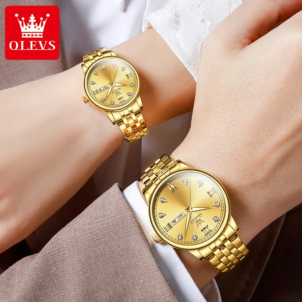 OLEVS-Reloj de acero inoxidable para hombre y mujer, cronógrafo de cuarzo dorado, resistente al agua, luminoso, con fecha y semana, a la moda