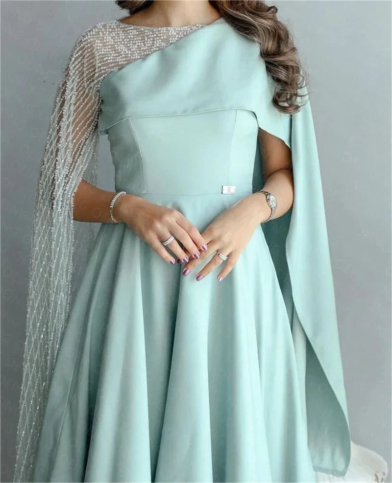 Flora Dress Ice Blue Satin A-line Cape Sleeves O-Neck Evening Gown Ankle Length Robe De Soirée Zipper Back Made Outfit Porm Gown