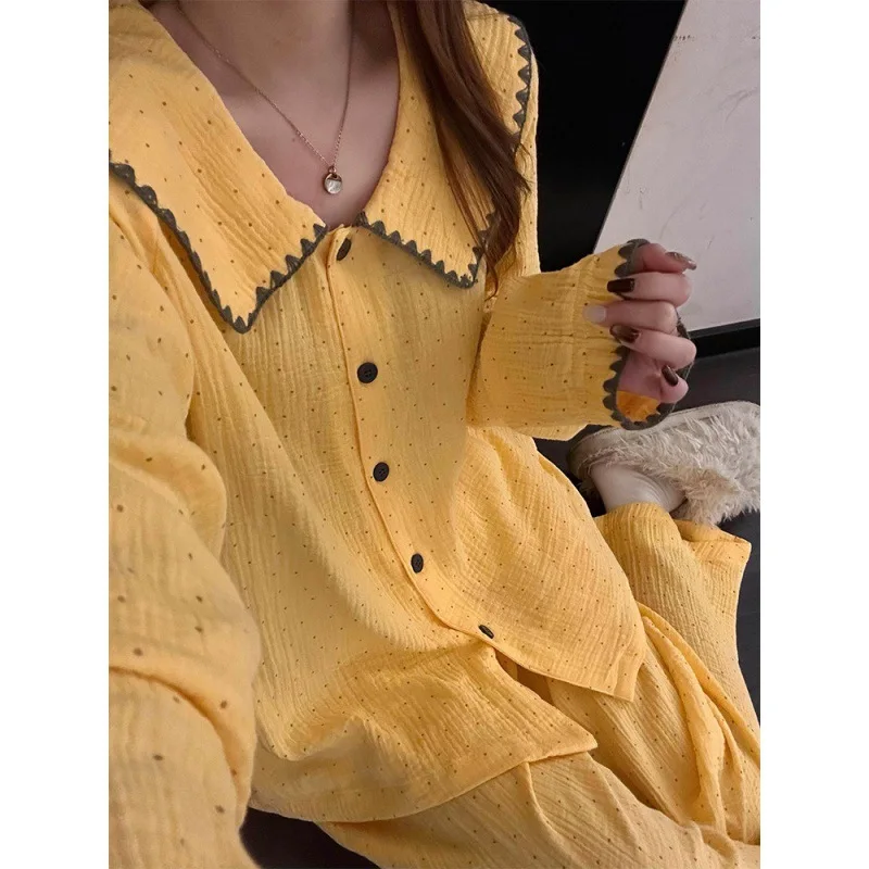 2026 Contrasting Color Edge Polka Dot Printed Cardigan Pajamas Women's Spring New Long-sleeved Trousers Loungewear Set