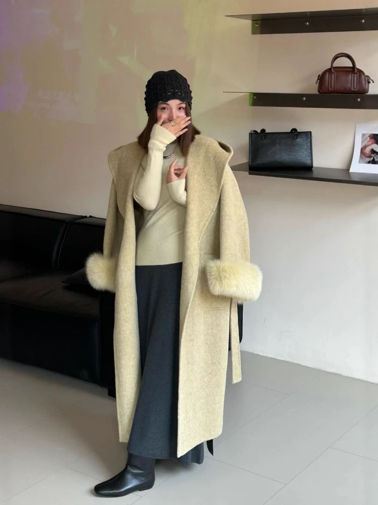 Super Big Fox Fur Cuff Double-Sided Wool Coat Women's Autumn Winter Elegant Long Hooded Thickened Warm Woolen Overcoat Outwear