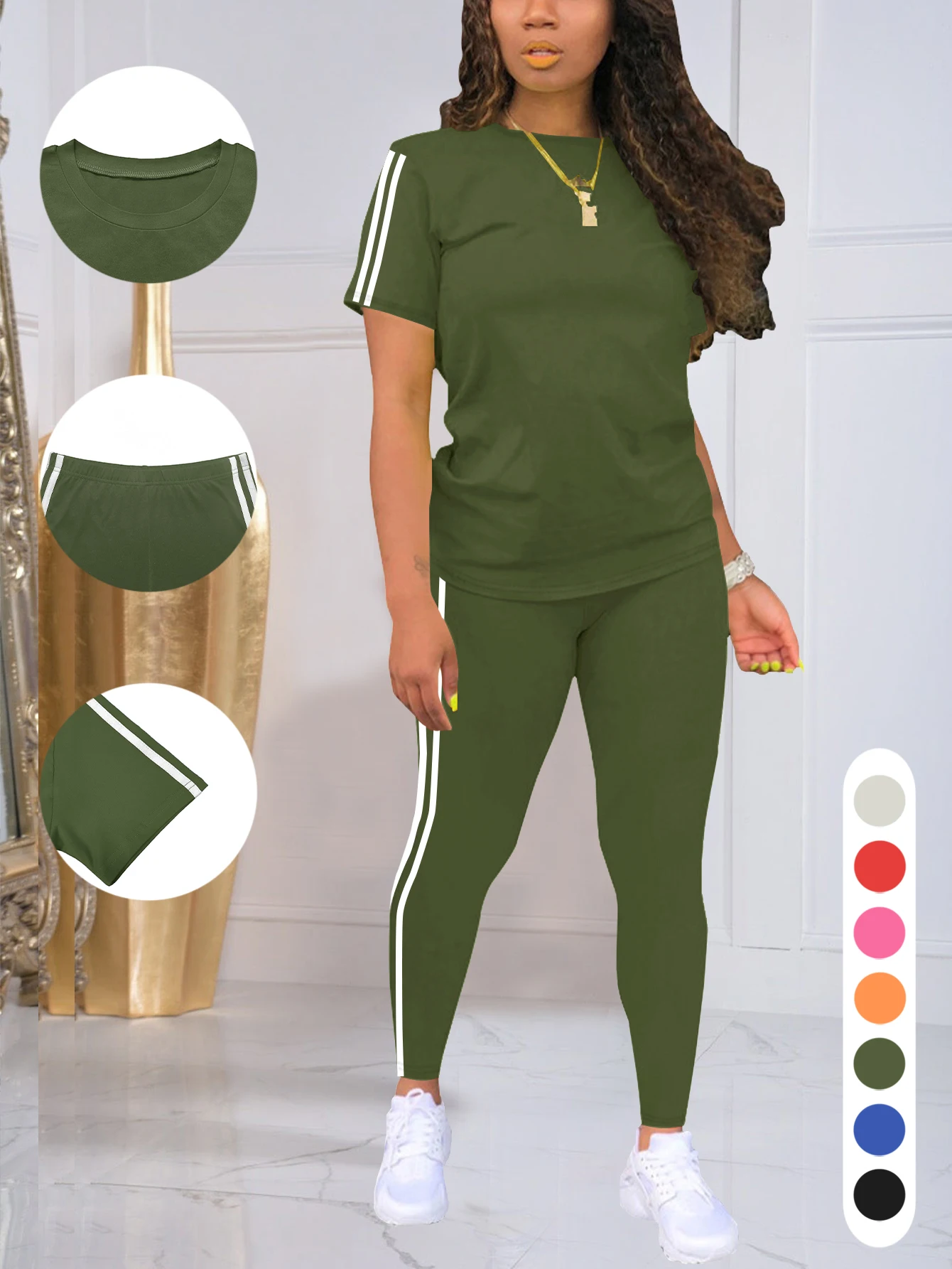 

Женский комплект летней спортивной одежды в полоску по бокам, длинные брюки с короткими рукавами, дышащая базовая одежда, красочная повседневная одежда